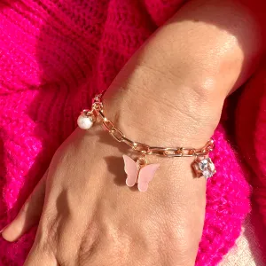 Rack Jack Rose Gold Plated Pink Charms Bracelet Butterfly Pearl Diamond