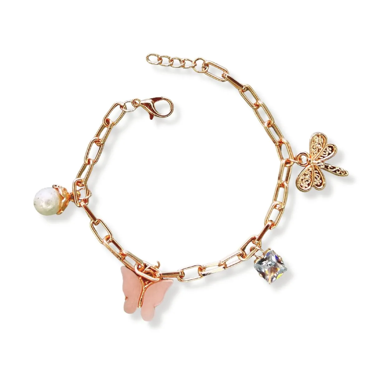 Rack Jack Rose Gold Plated Pink Charms Bracelet Butterfly Pearl Diamond