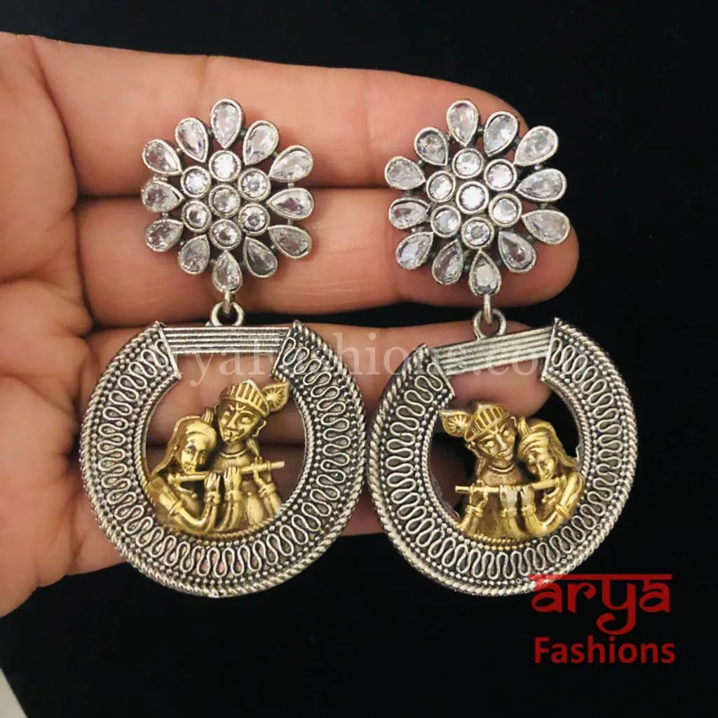 Radha Krishna Oxidized Silver Tribal Chandbali