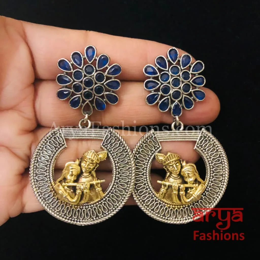 Radha Krishna Oxidized Silver Tribal Chandbali