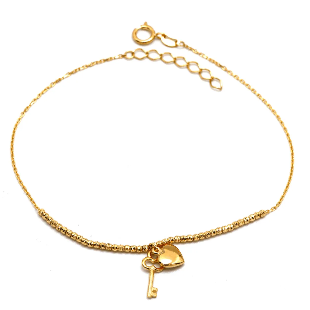 Real Gold Heart Key Dangler Bracelet with Luxury 1.5 MM Beads, Adjustable Size - Model 0475 BR1681