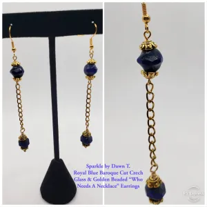 Royal Blue Baroque Cut Czech Glass and Golden Beaded Bracelet and matching "Who Needs a Necklace" Earrings Set