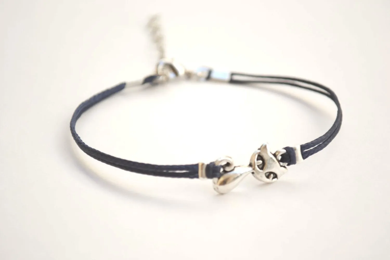 Silver cat charm bracelet, blue cord, adjustable bracelet