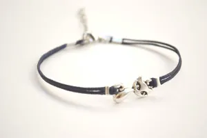 Silver cat charm bracelet, blue cord, adjustable bracelet