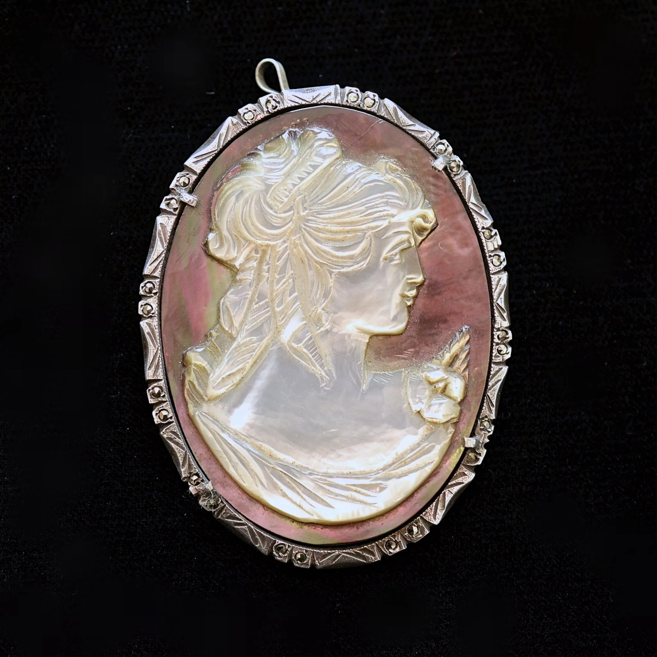 SOLD Vintage Mother of Pearl Cameo, 800 Silver Brooch/Pendant