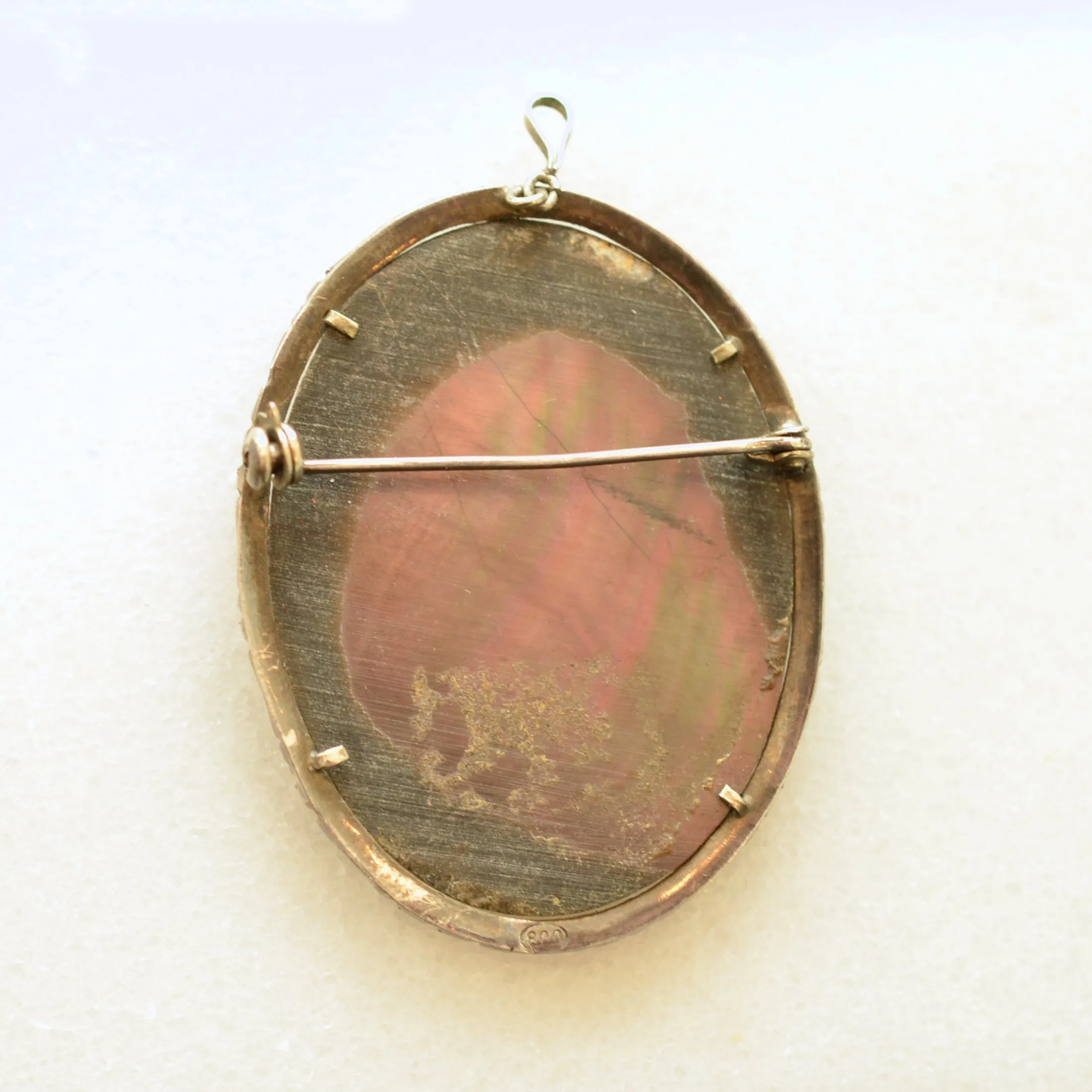 SOLD Vintage Mother of Pearl Cameo, 800 Silver Brooch/Pendant