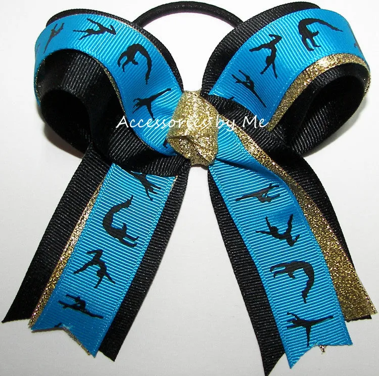 Sparkly Gymnastic Blue Black Gold Ponytail Bow