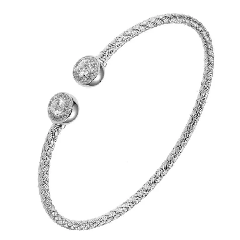 Sterling/Rhodium Finish Woven Cuff Bracelet with Cubic Zirconium Size 7