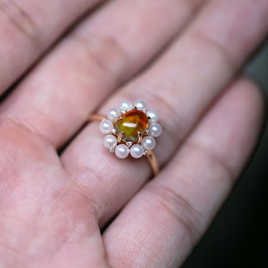 Stunning Engagement Ring Fire Opal Pearl & Diamonds 18K Yellow Gold