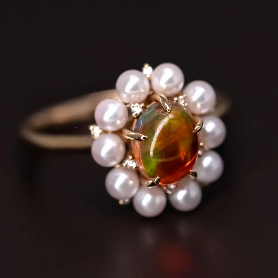 Stunning Engagement Ring Fire Opal Pearl & Diamonds 18K Yellow Gold