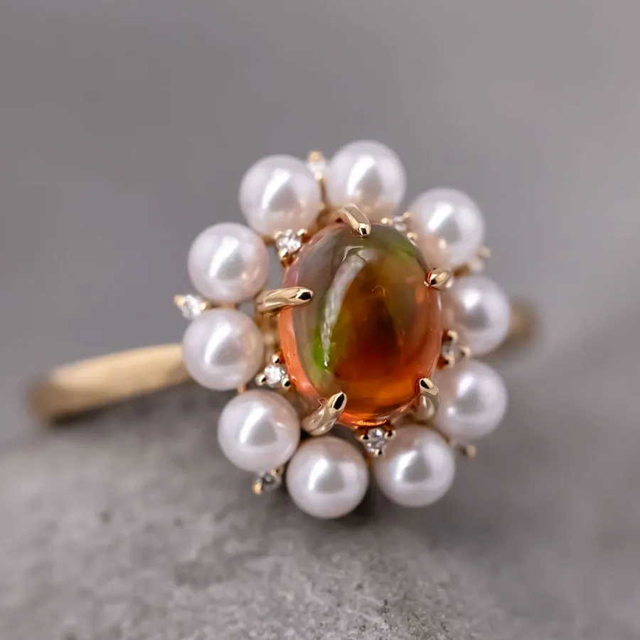 Stunning Engagement Ring Fire Opal Pearl & Diamonds 18K Yellow Gold