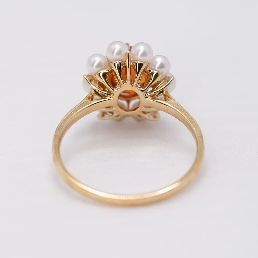 Stunning Engagement Ring Fire Opal Pearl & Diamonds 18K Yellow Gold