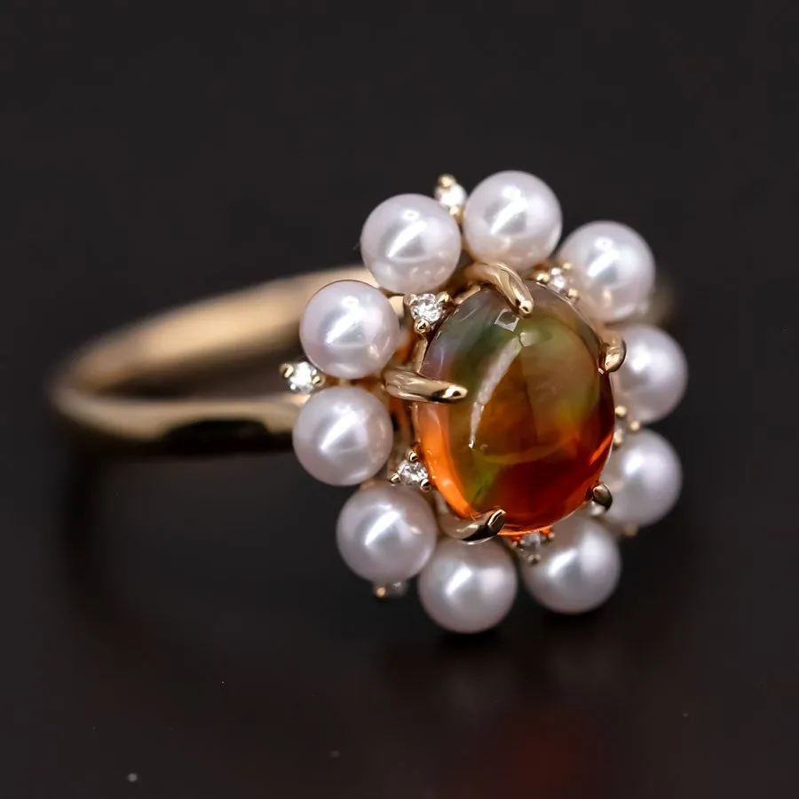 Stunning Engagement Ring Fire Opal Pearl & Diamonds 18K Yellow Gold