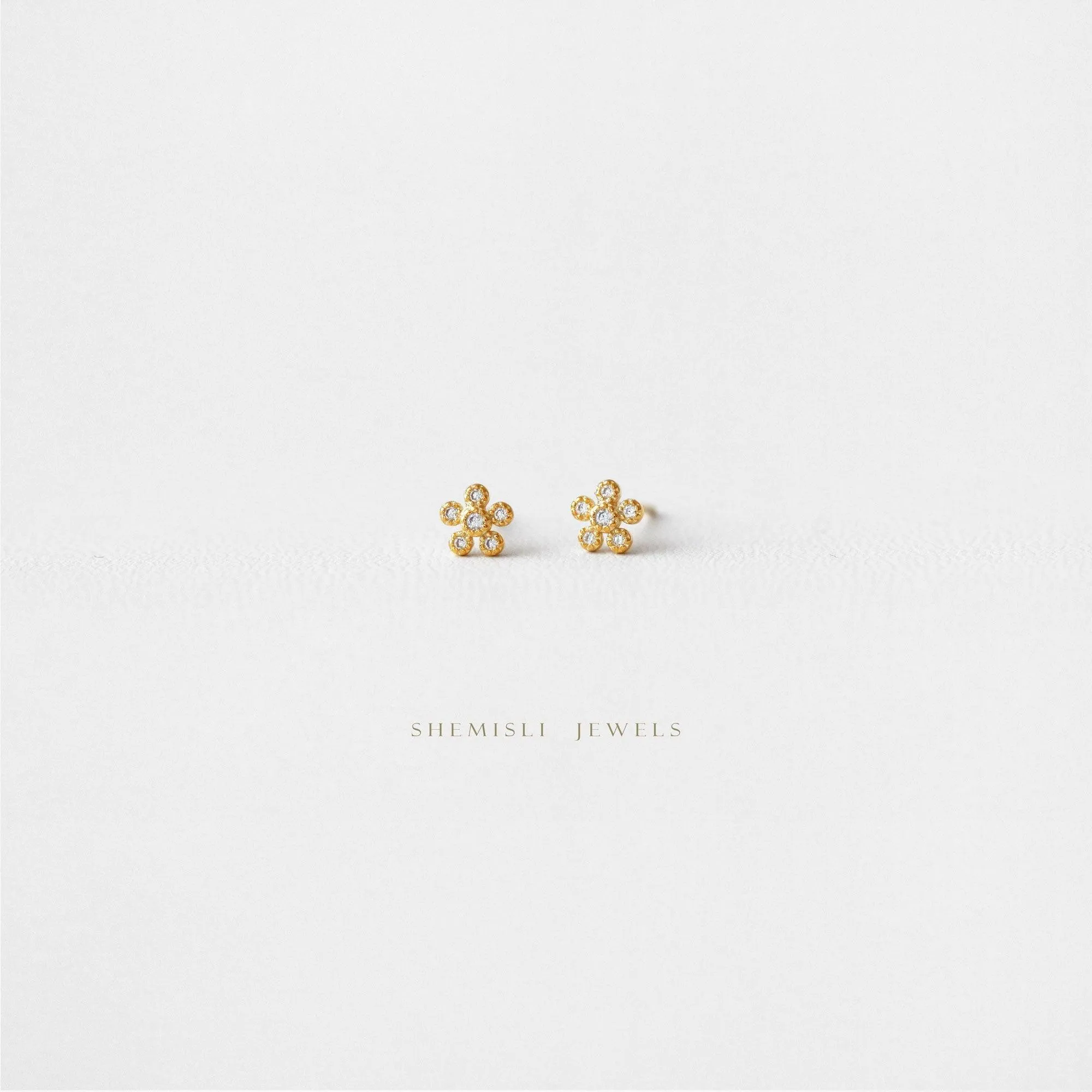 Tiny CZ Flower Studs Earrings with Screw Ball End (Type B), Gold, Silver SHEMISLI SS337