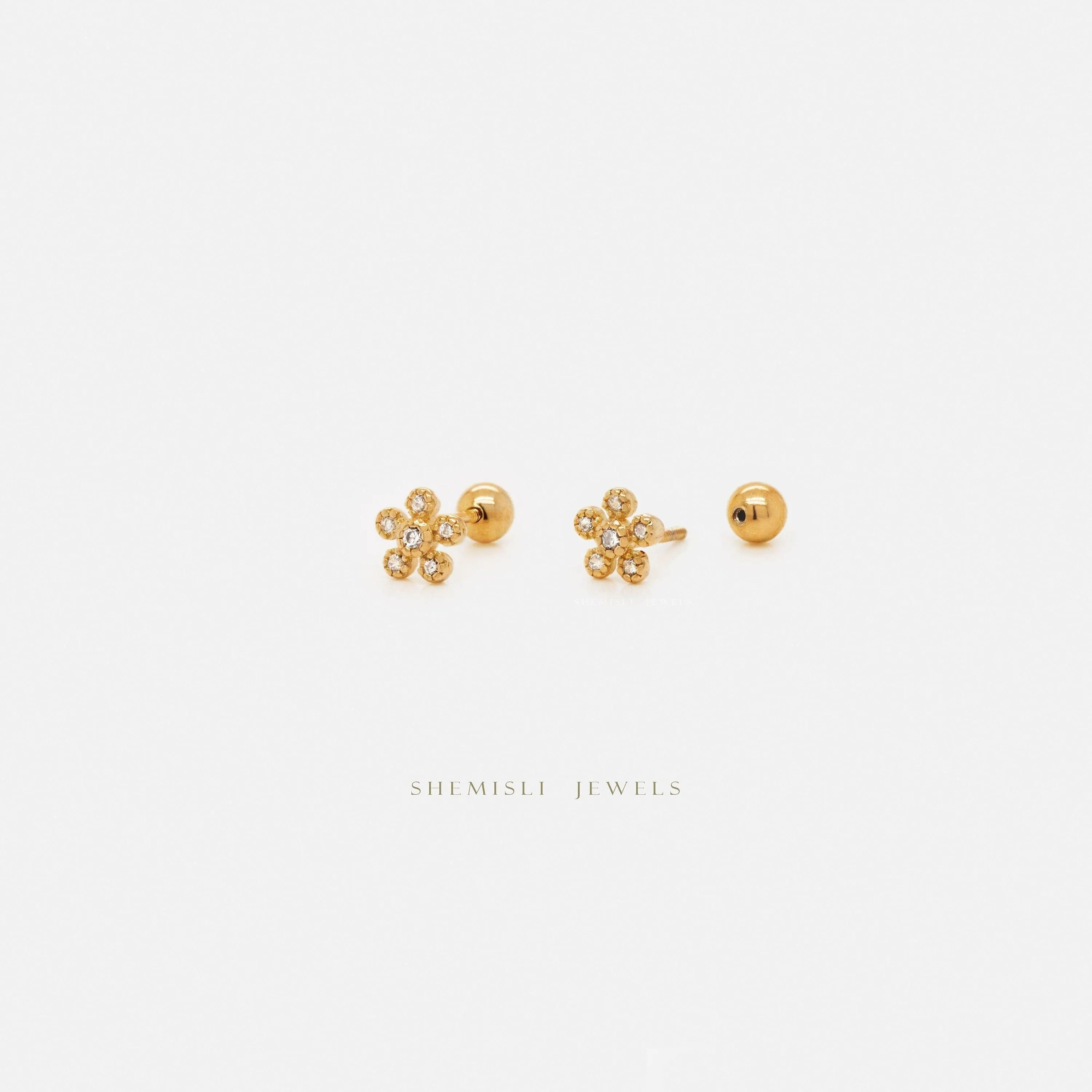 Tiny CZ Flower Studs Earrings with Screw Ball End (Type B), Gold, Silver SHEMISLI SS337