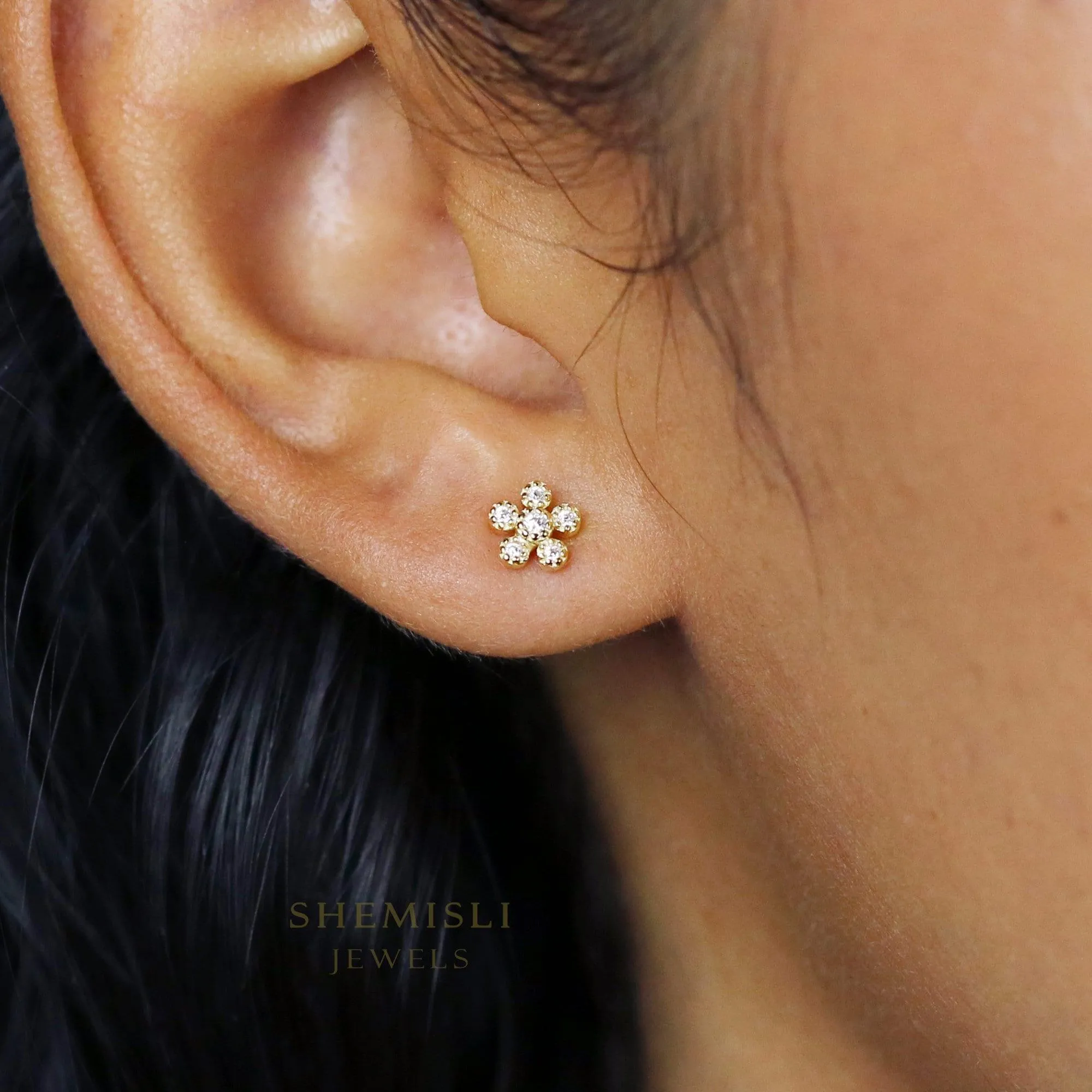 Tiny CZ Flower Studs Earrings with Screw Ball End (Type B), Gold, Silver SHEMISLI SS337