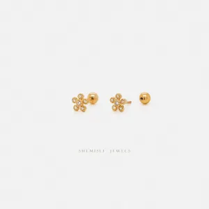 Tiny CZ Flower Studs Earrings with Screw Ball End (Type B), Gold, Silver SHEMISLI SS337