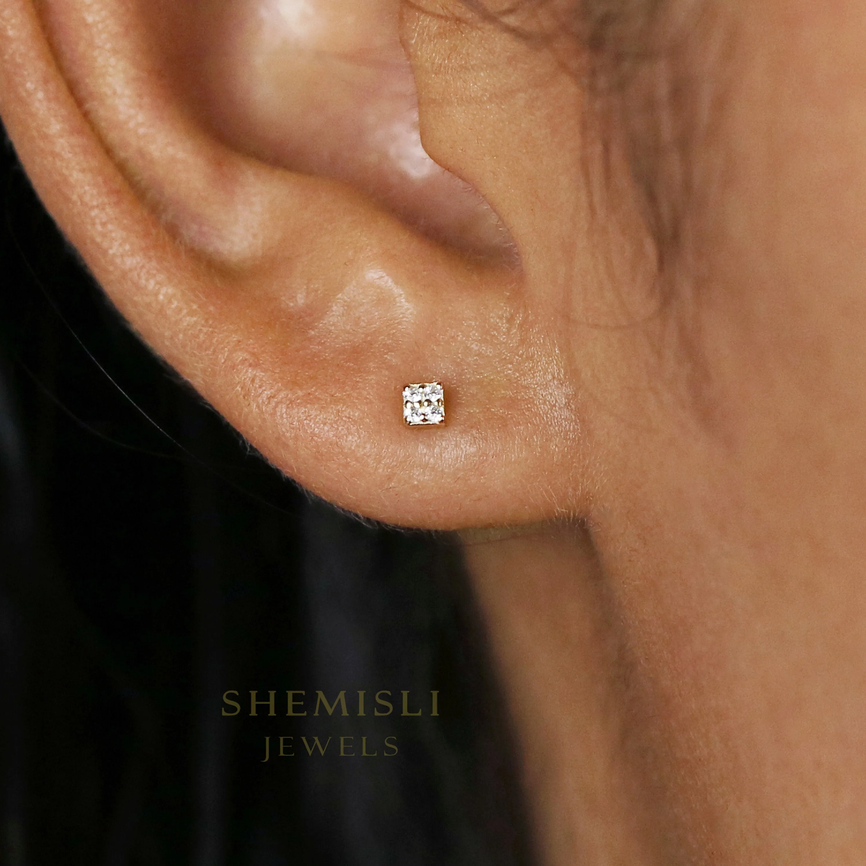 Tiny Square CZ Studs Earrings, Unisex, Gold, Silver SHEMISLI - SS144 Butterfly End, SS751 Screw Ball End (Type A)