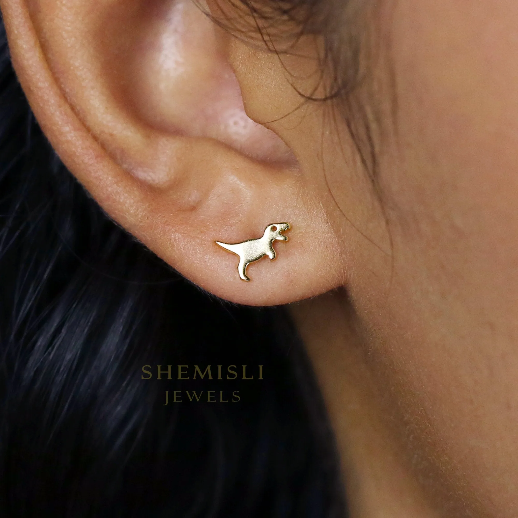 Tiny T-Rex Dinosaur Studs, Tyrannosaurus Earrings, Unisex, Gold, Silver SHEMISLI - SS153 Butterfly End, SS454 Screw Ball End (Type A) LR