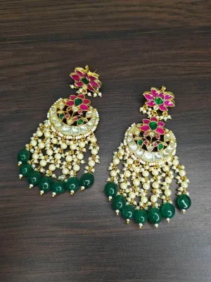 Traditional Green And Red Kundan Earrings Set