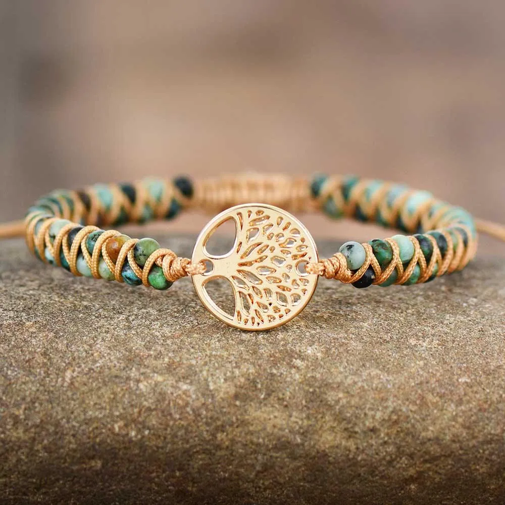 Tree of Life Charm & African Jasper Cuff Bracelet