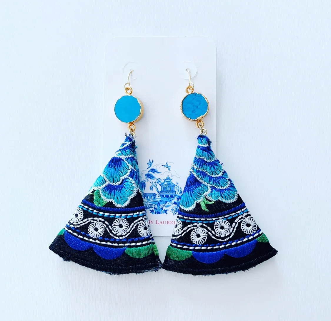 Turquoise & Black Floral Mexican Embroidered Earrings