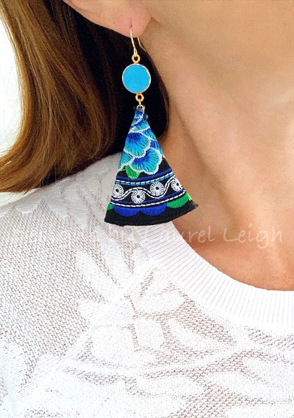 Turquoise & Black Floral Mexican Embroidered Earrings