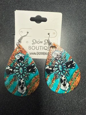 Turquoise and Cow Print Cross Teardrop Earrings