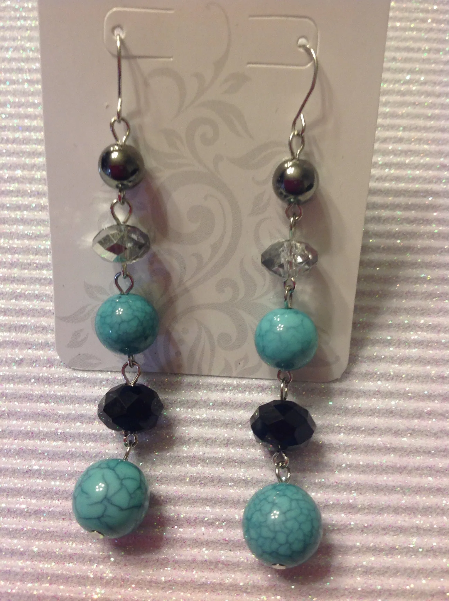 Turquoise black and crystal beaded earrings