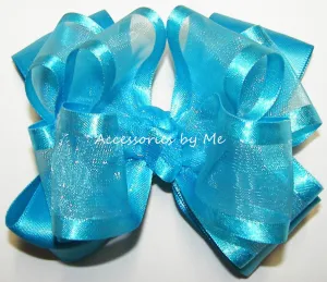 Turquoise Blue Organza Satin Trim Hair Bow