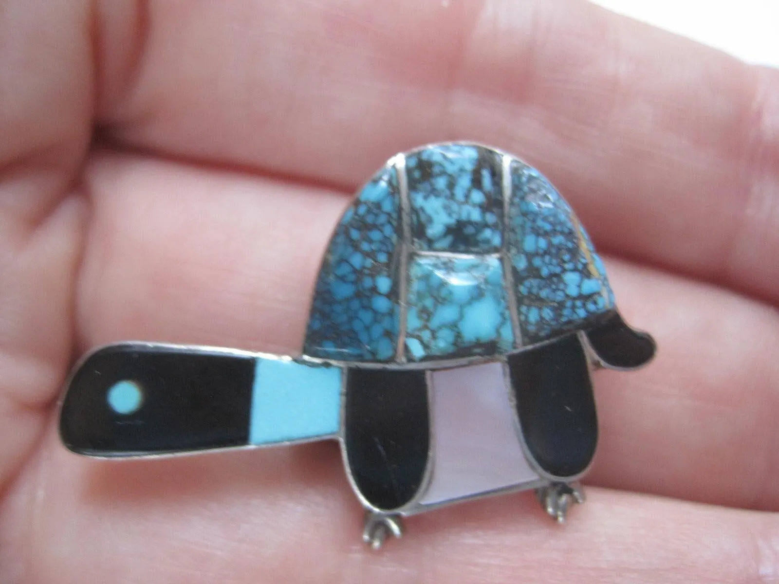 Vintage Zuni Silver and Turquoise Inlay Turtle Brooch