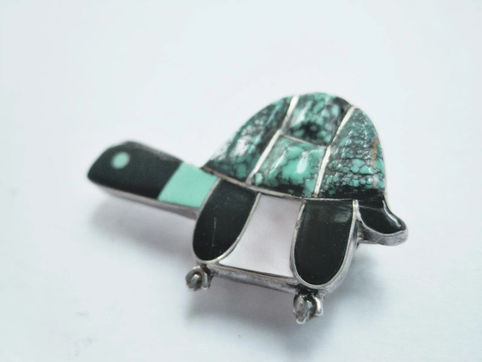 Vintage Zuni Silver and Turquoise Inlay Turtle Brooch