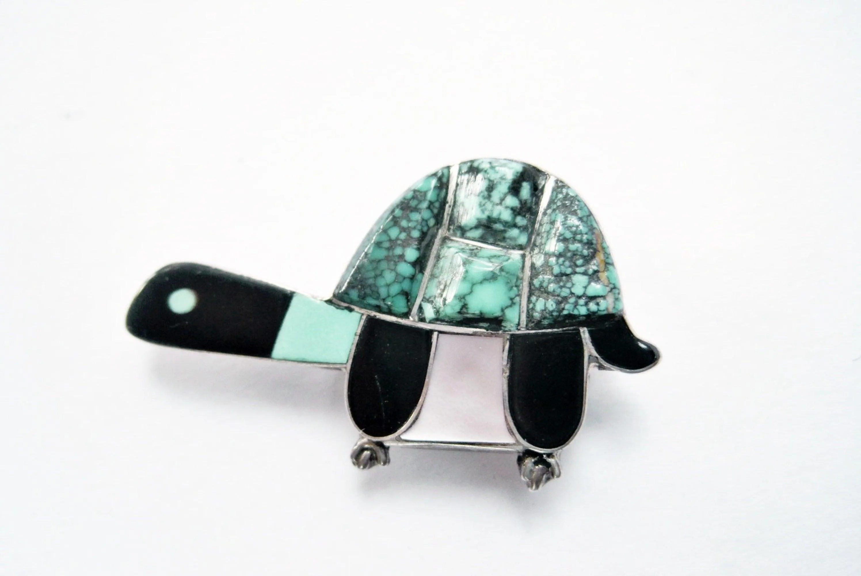 Vintage Zuni Silver and Turquoise Inlay Turtle Brooch