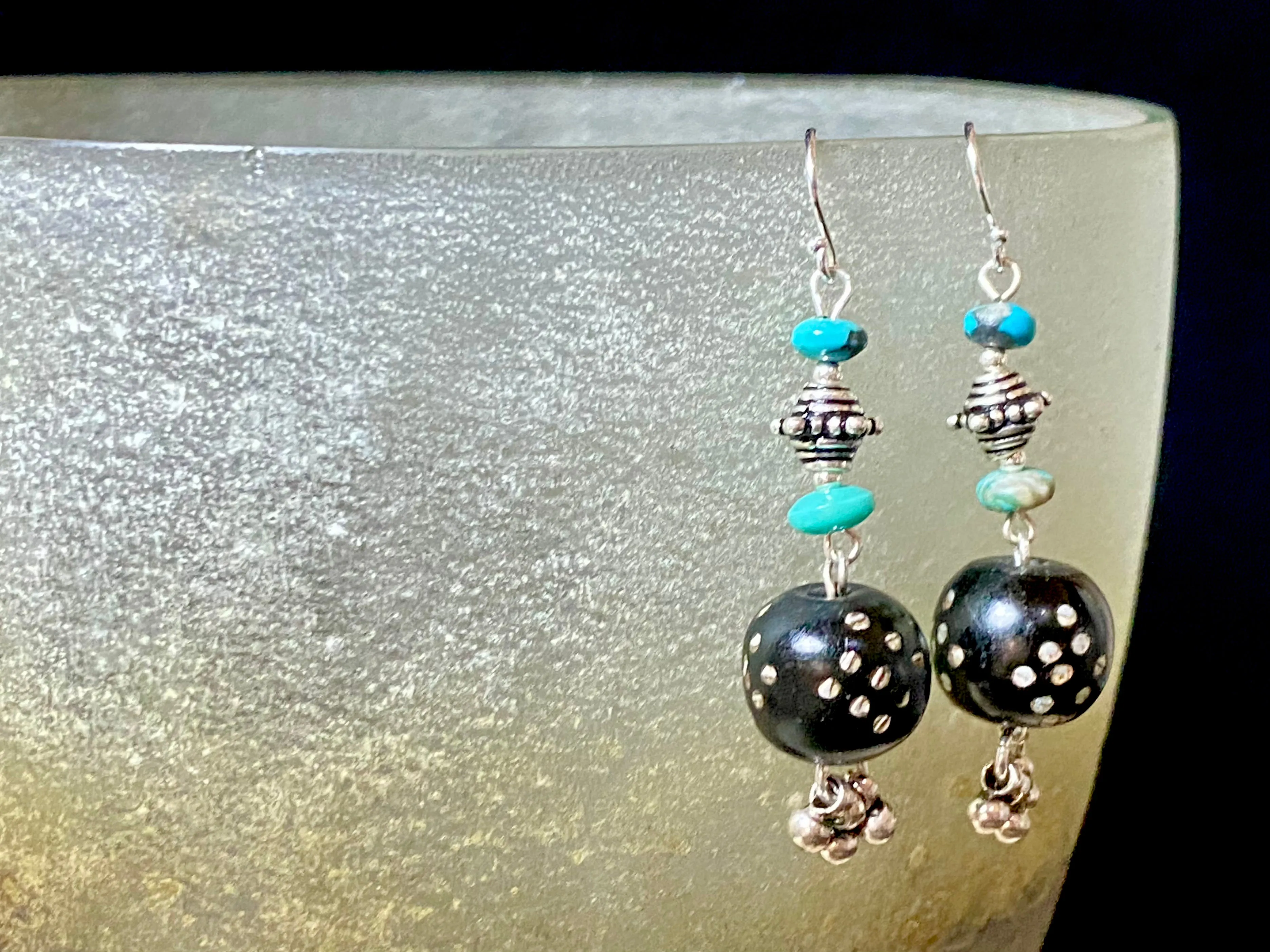 Yemeni Black Wood Silver Inlay & Turquoise Earrings