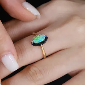 Yin-Yang Black Opal Diamond Sapphire Engagement Ring 18K Yellow Gold