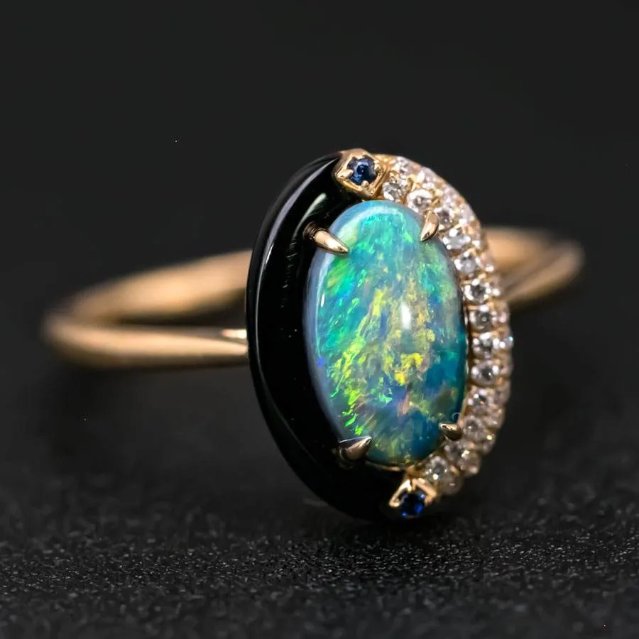 Yin-Yang Black Opal Diamond Sapphire Engagement Ring 18K Yellow Gold